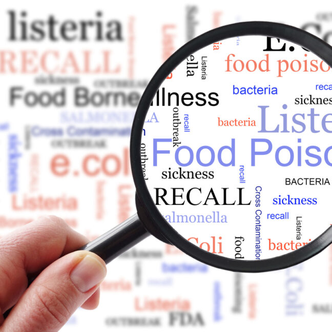 Food poisoning related terms, salmonella, e coli etc,  in a word cloud with magnifying glass